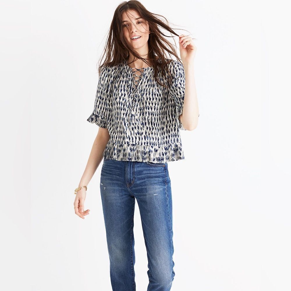Madewell Sunpleat Lace-Up Top w/Painted Feathers - Sz S
